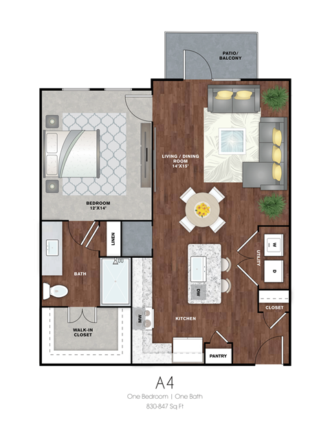 Floor plan for 1 bed, 1 bath, 830 sqft